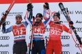 ALPINE SKIING - FIS WC 2023-2024Men's World Cup DH Kitzbuehel, Austria, Austria2024-01-19 - FridayImage shows: SCHIEDER Florian (ITA) SECOND CLASSIFIED - SARRAZIN Cyprien (FRA) FIRST CLASSIFIED - ODERMATT Marco (SUI) 3rd CLASSIFIED